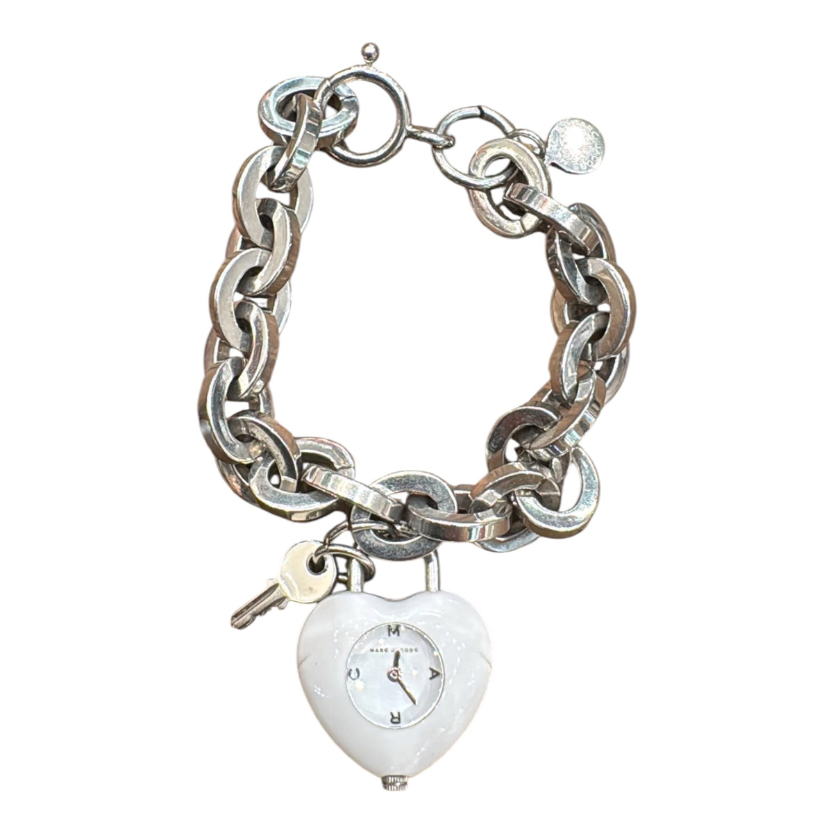 Marc Jacobs heart-shaped chain watch on white background