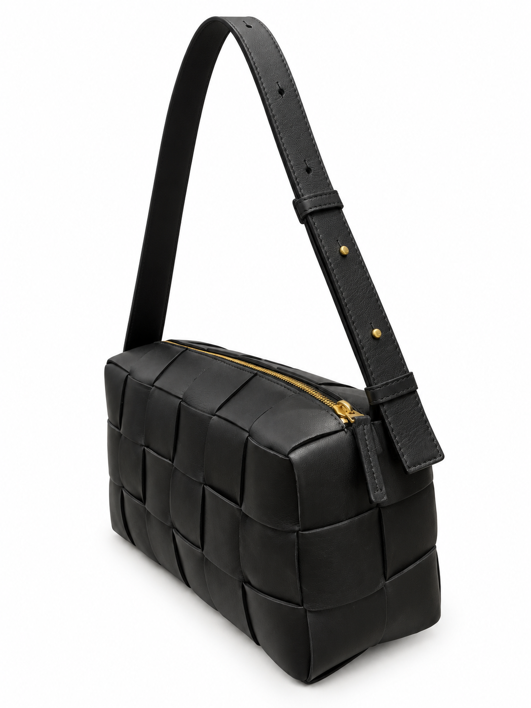 תיק Bottega Veneta שחור באריגת Intrecciato מרופדת - מבט זוויתי