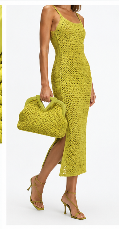 דוגמנית בשמלה קלועה בגוון מתאים עם תיק Bottega Veneta The Point ליים