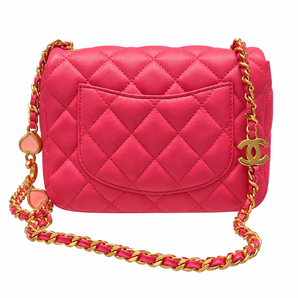 תיק Chanel Mini Flap ורוד עם תליוני לב - גב