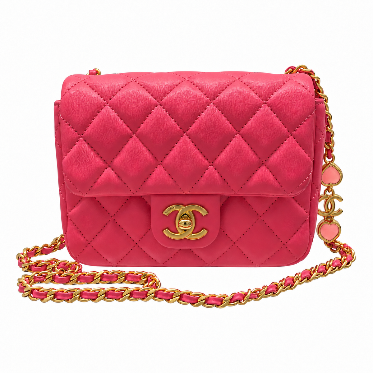 תיק Chanel Mini Flap ורוד עם תליוני לב - חזית