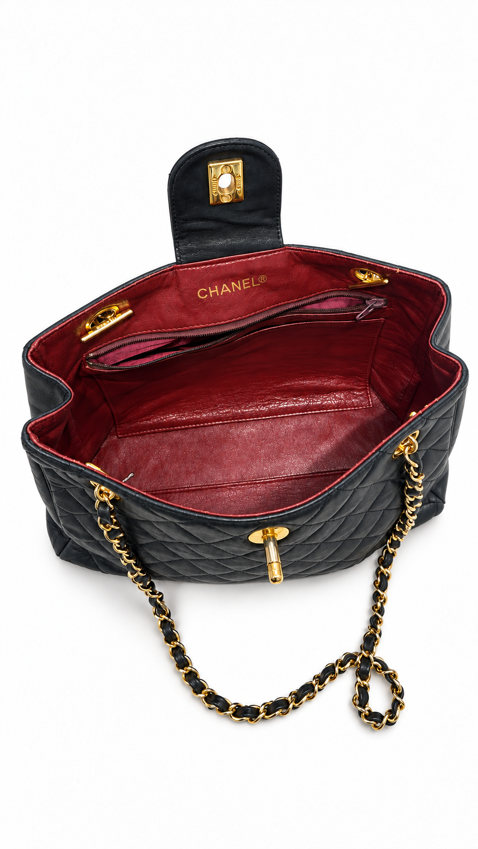 תיק כתף שאנל CC Quilted Tote מעור כבש שחור – פנים התיק