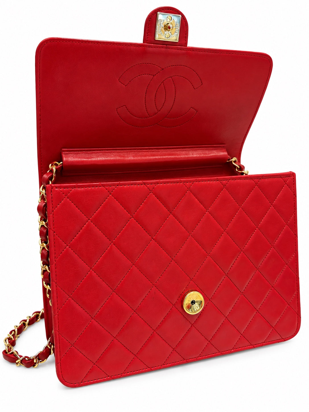 Chanel Classic red bag open interior view