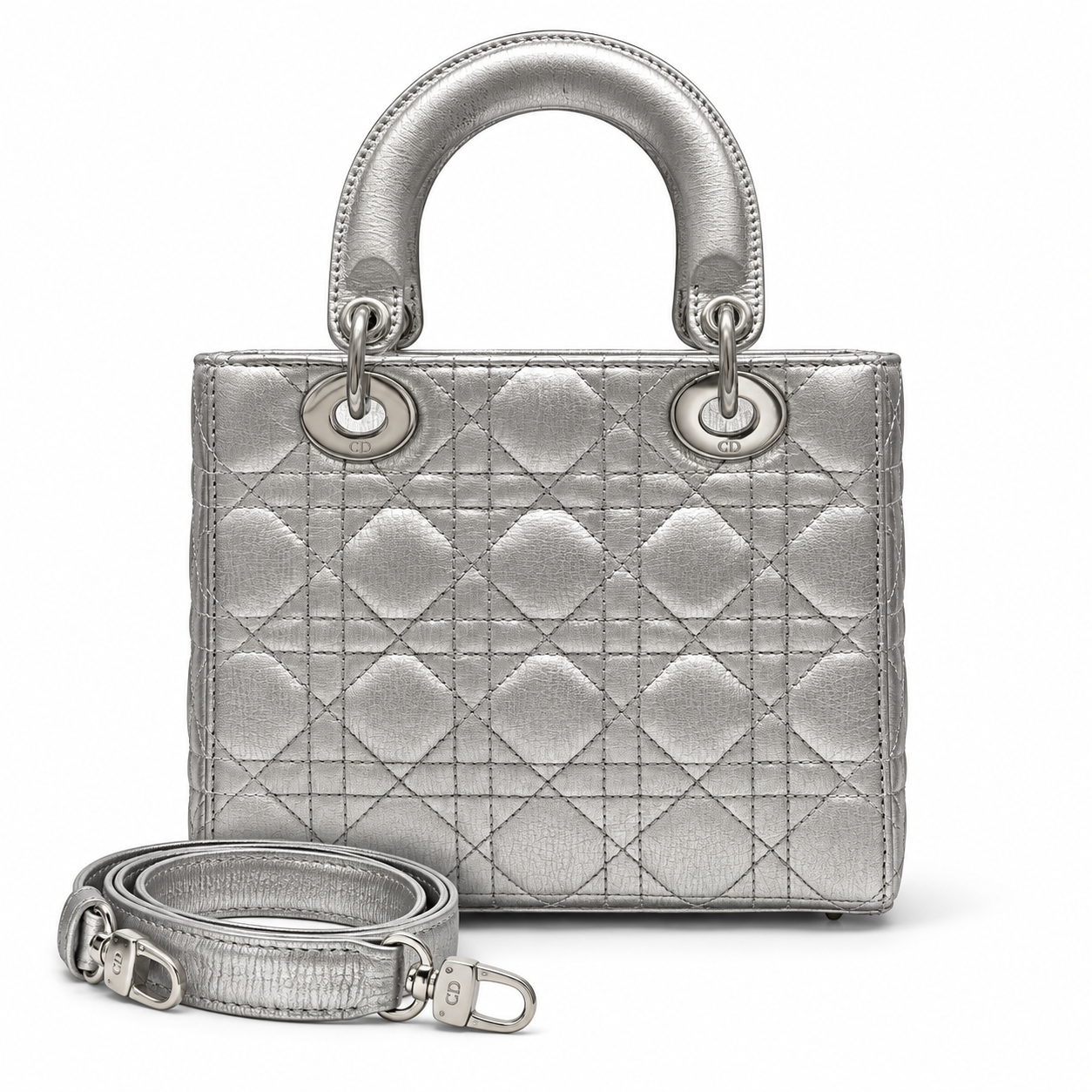 Small Lady Dior Metallic Silver back with long strap
