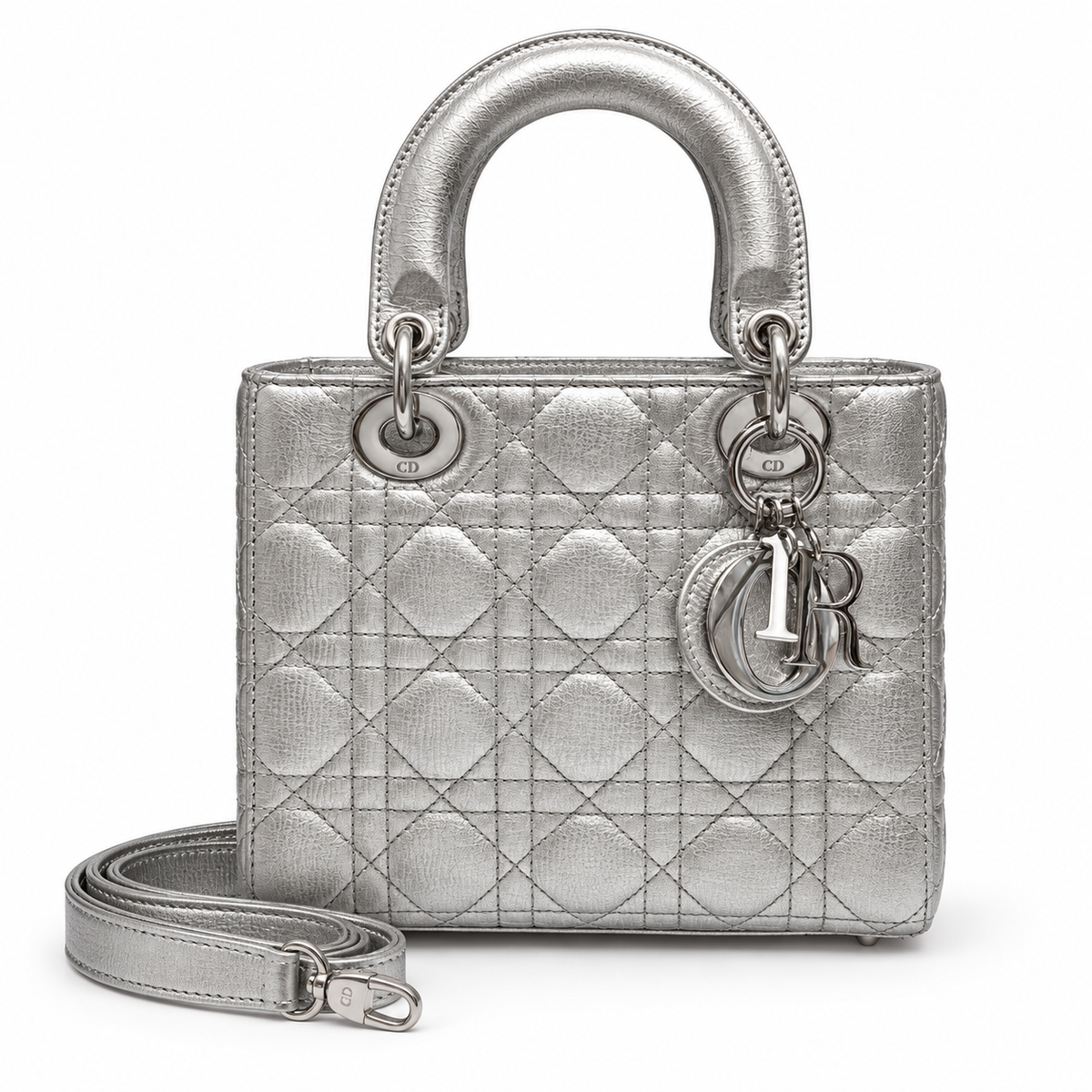 Small Lady Dior Metallic Silver front with long strap