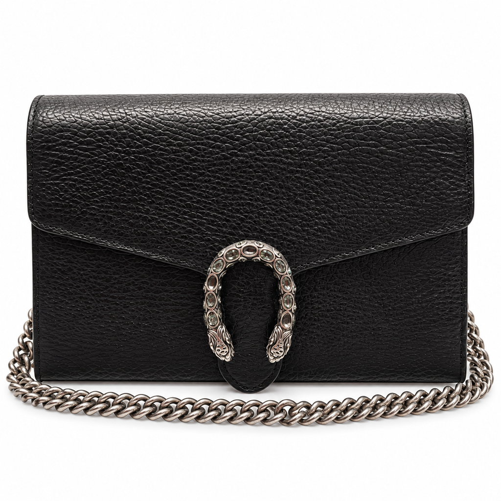 Gucci Dionysus Super Mini black leather front with missing crystals visible