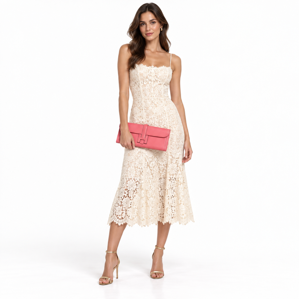 Hermès Jige Élan 29 on model in vanilla lace dress and gold sandals