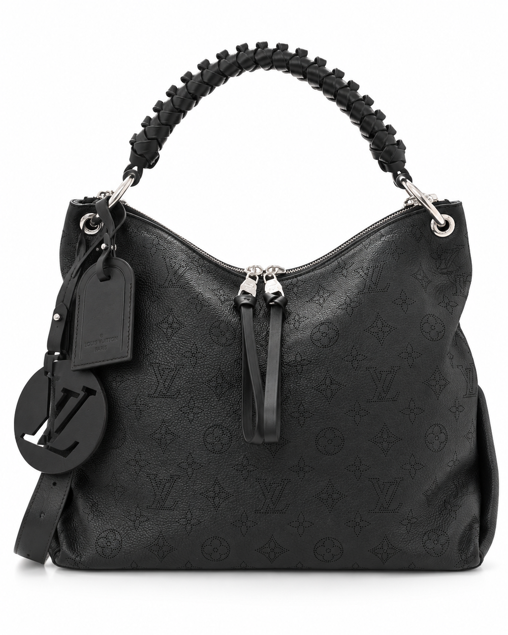 תיק לואי ויטון Beaubourg Hobo MM שחור – חזית עם ידית קלועה ותג ותליון LV