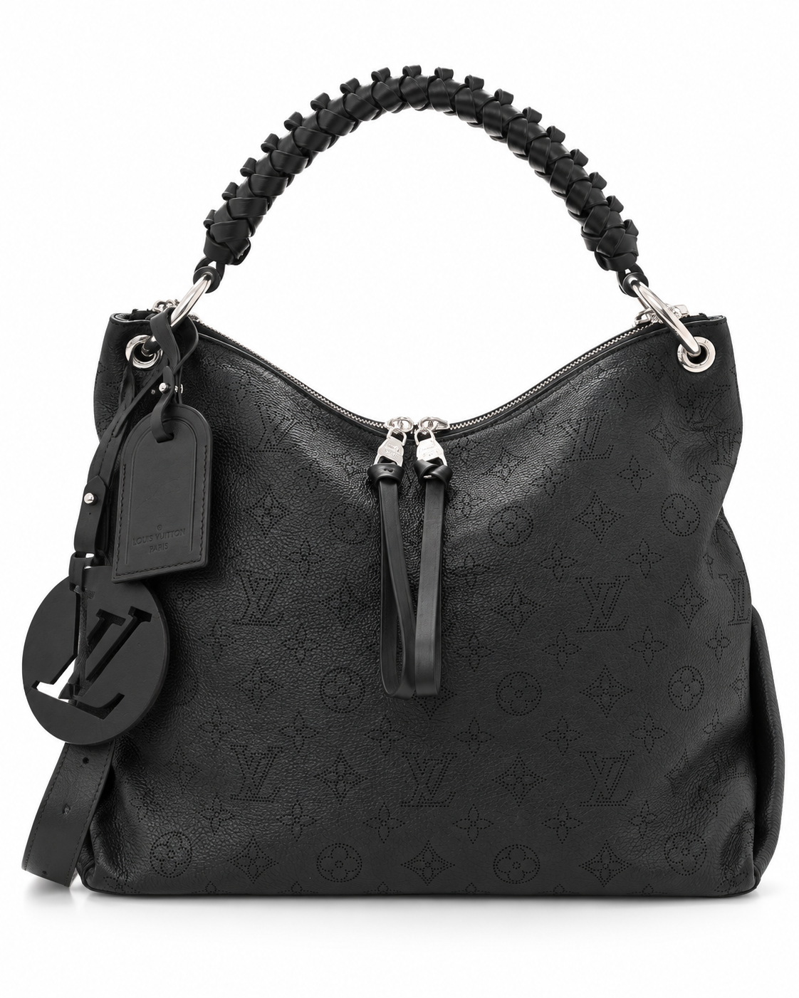 תיק לואי ויטון Beaubourg Hobo MM שחור – חזית עם ידית קלועה ותג ותליון LV