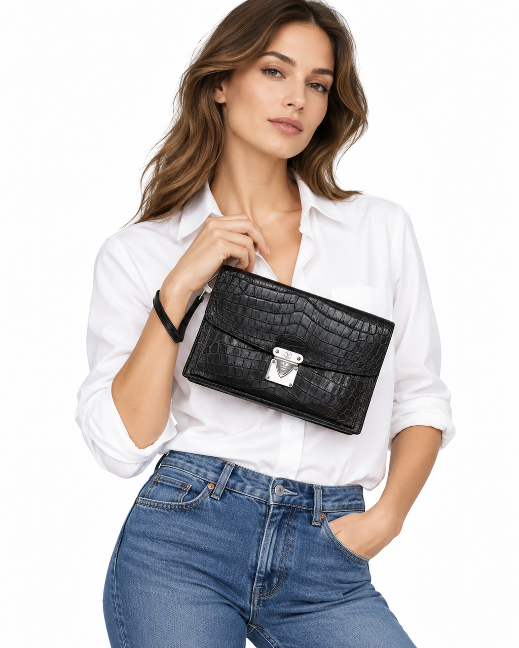 Louis Vuitton crocodile clutch on model