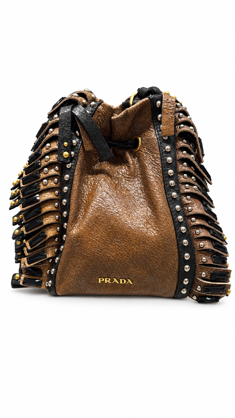 Prada Crackle Fringe Stud small bucket bag front view