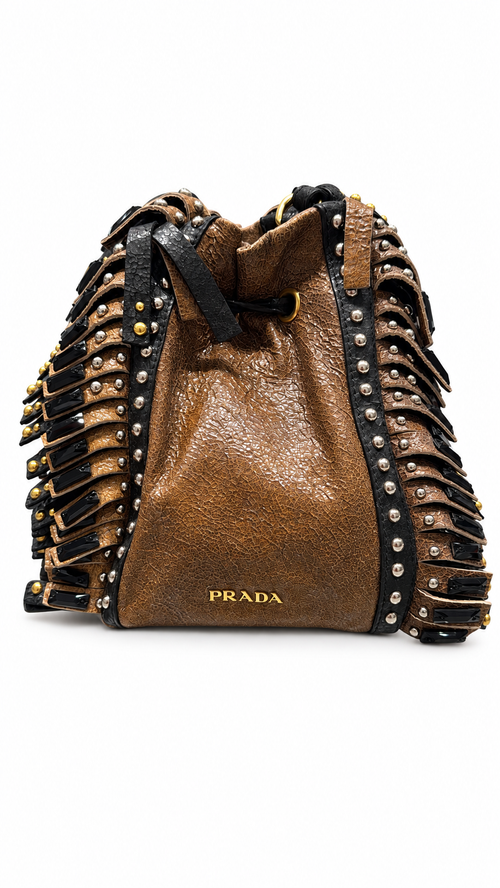 Prada Crackle Fringe Stud small bucket bag front view