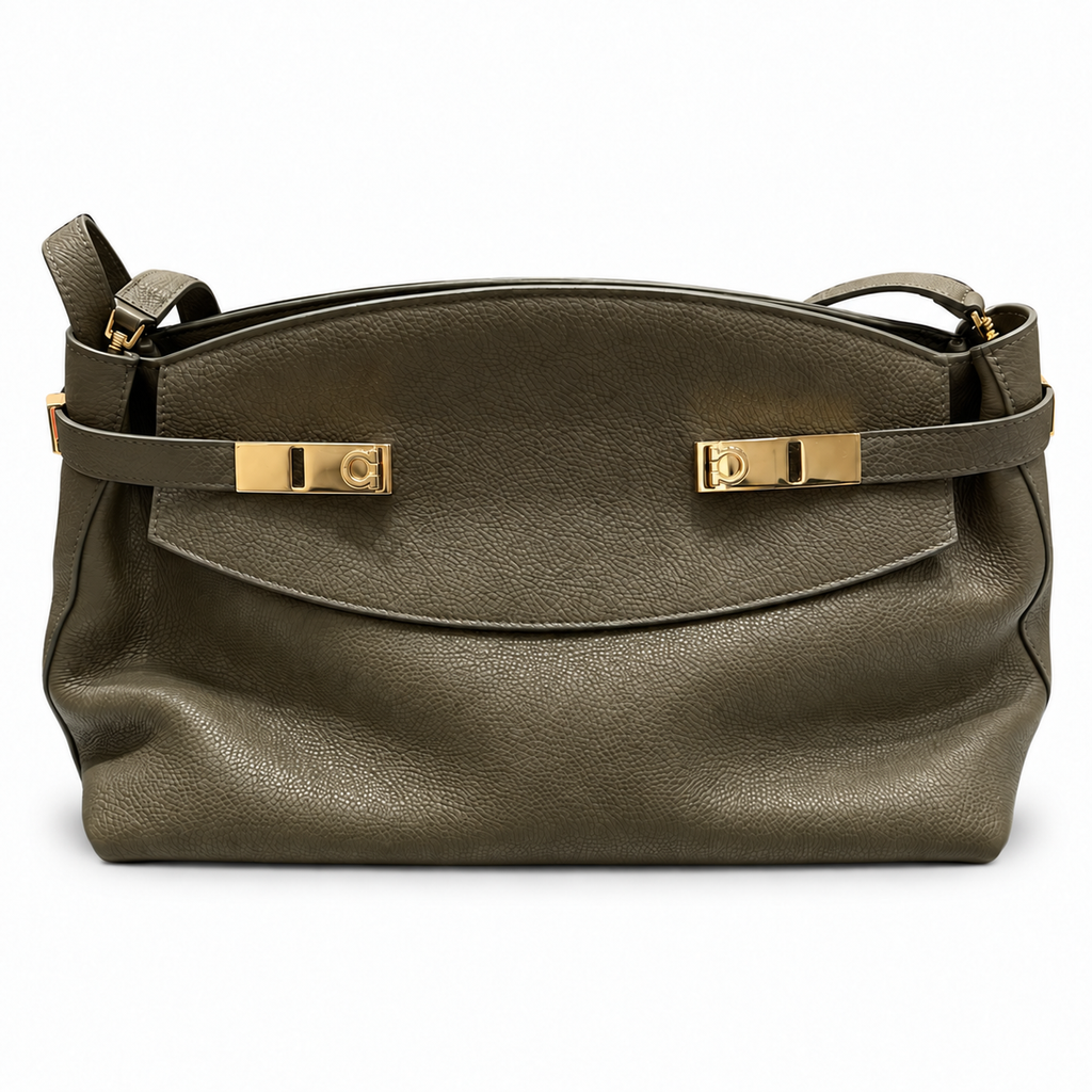 תיק Salvatore Ferragamo Double Gancini זית – חזית, חומרה מוזהבת