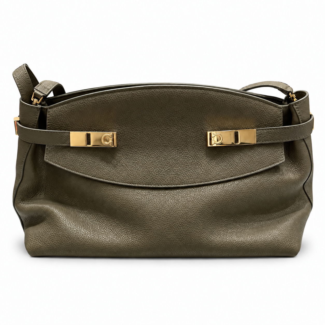 תיק Salvatore Ferragamo Double Gancini זית – חזית, חומרה מוזהבת