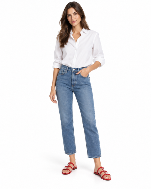 Model wearing Valentino Garavani red Rockstud flat sandals