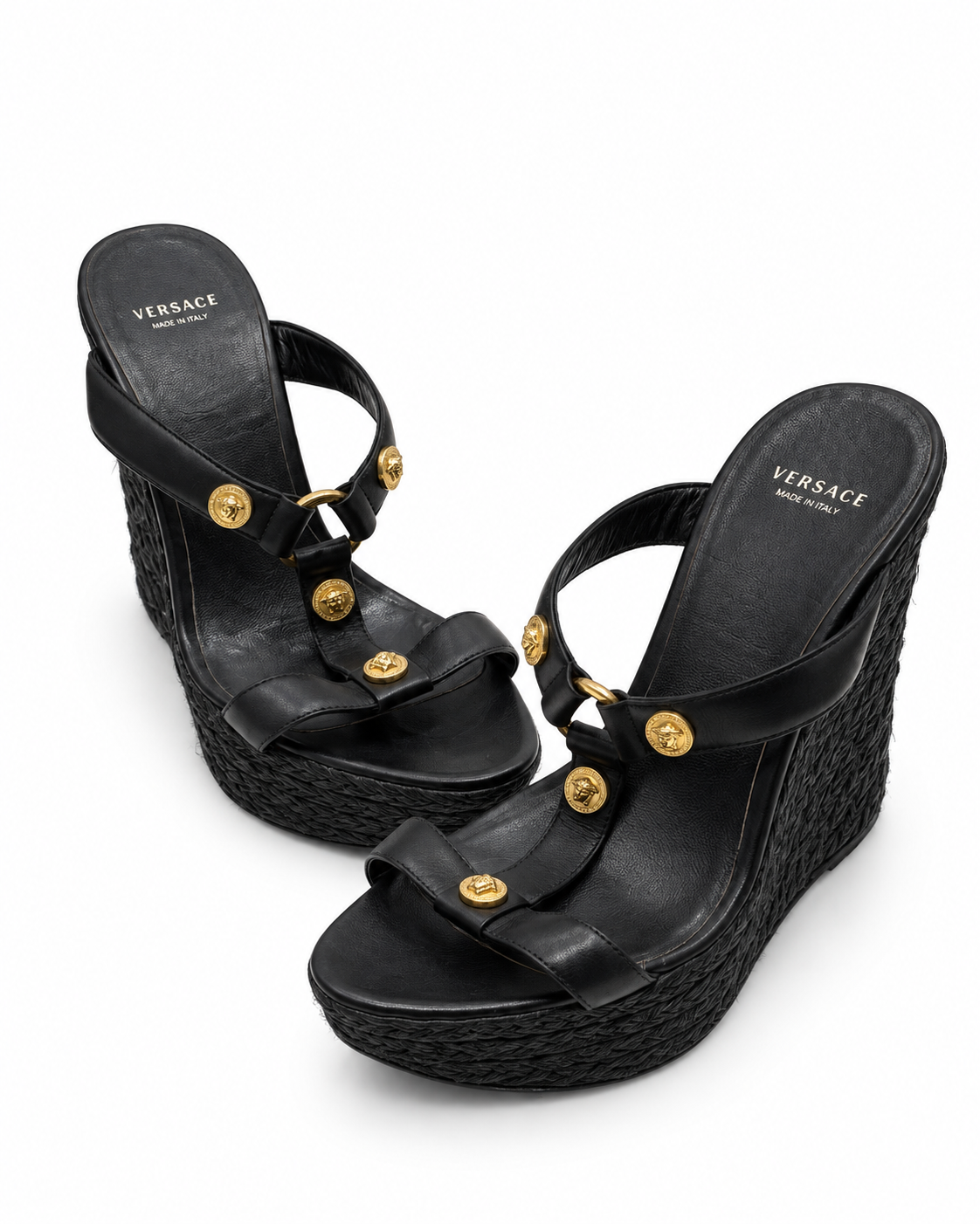 Versace black platform wedge sandals with gold medallions
