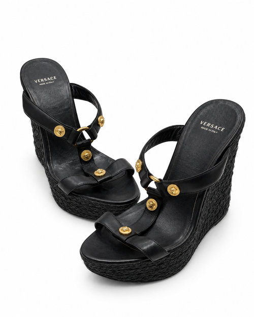 Versace black platform wedge sandals with gold medallions