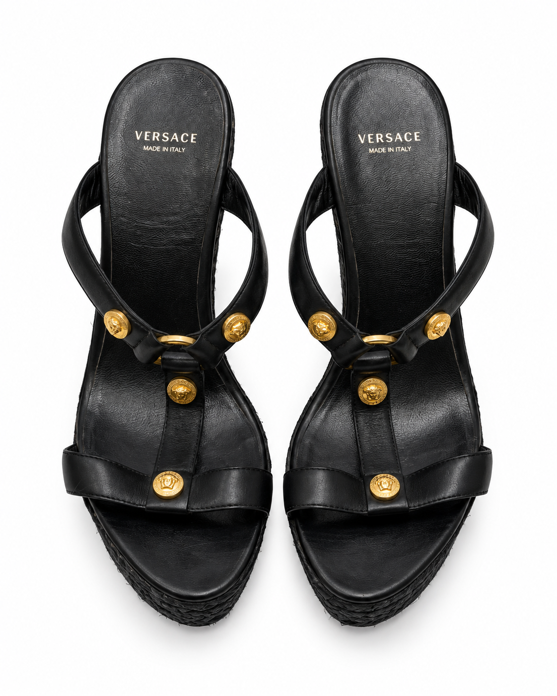 Versace black platform wedge sandals front view
