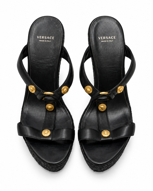 Versace black platform wedge sandals front view