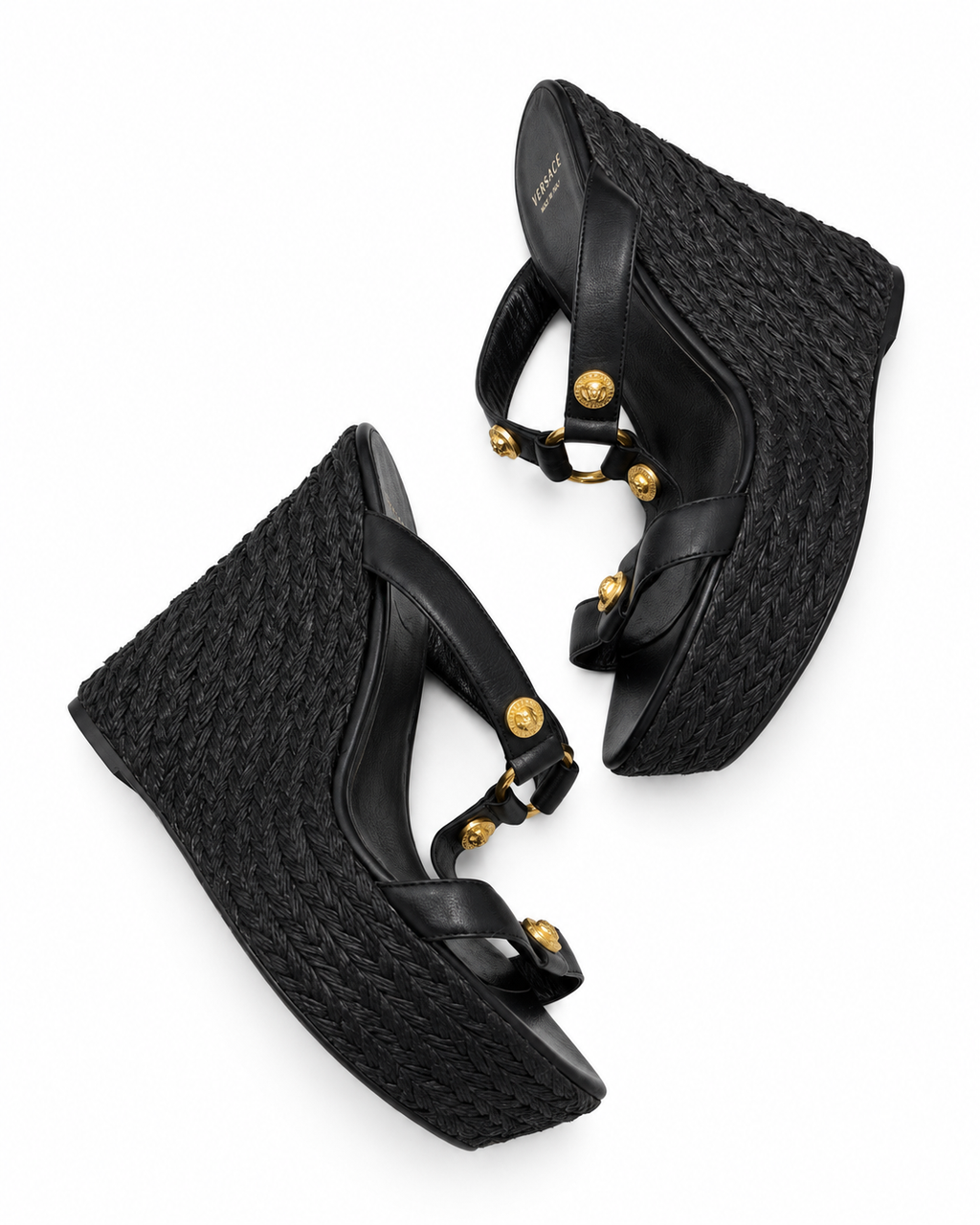 Versace black platform wedge sandals side view