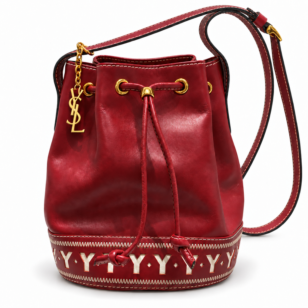 Yves Saint Laurent vintage burgundy bucket bag front with exact slender YSL charm
