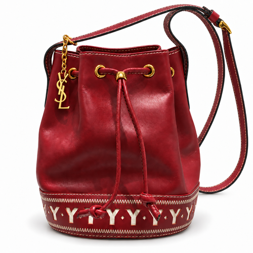Yves Saint Laurent vintage burgundy bucket bag front with exact slender YSL charm
