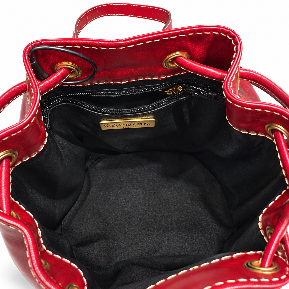 Yves Saint Laurent vintage burgundy Y bucket bag interior