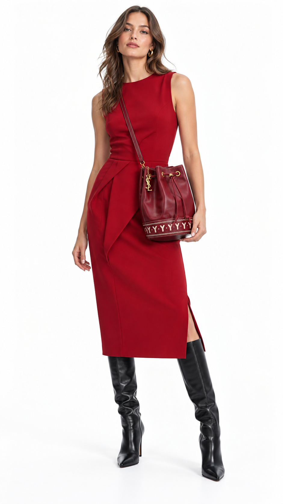 Model wearing Yves Saint Laurent vintage burgundy bucket bag crossbody